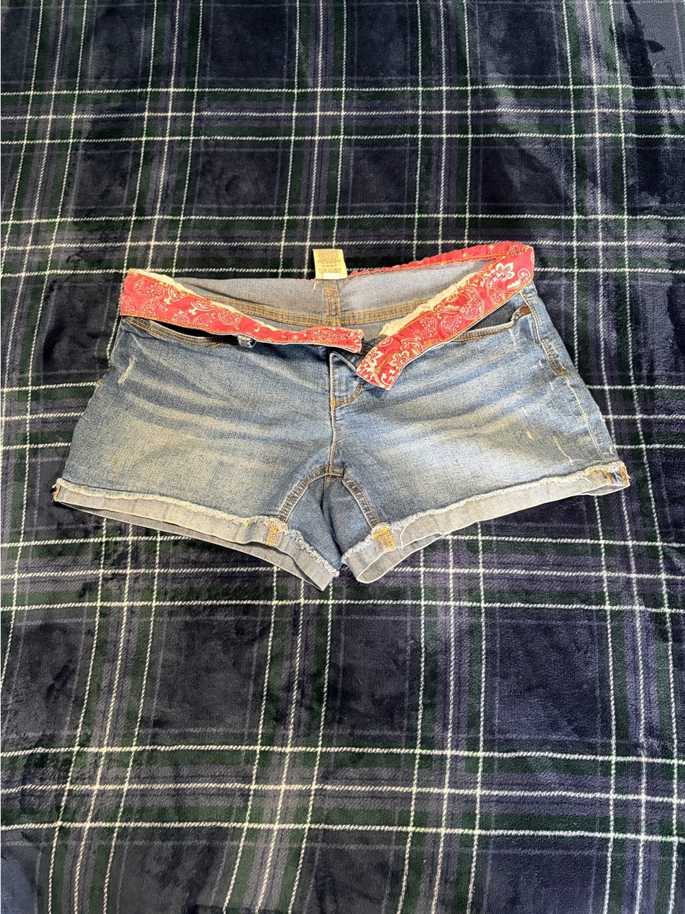 Y2K Faded Glory low rise denim shorts with red paisley waistband. Size 6.